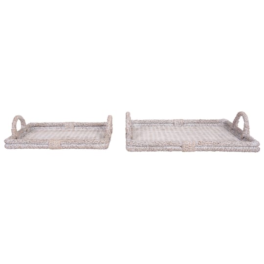 Whitewashed Decorative Rattan Tray Set with Handles